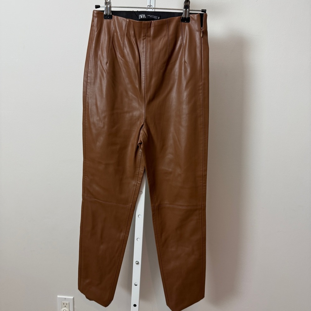 Zara‎ Brown Faux Leather High Rise Pull Up Side Zipper Leggings XS new with tag